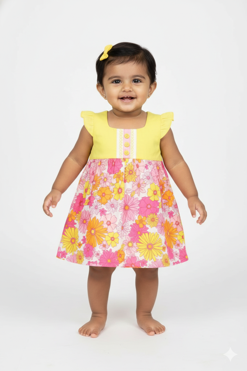 Fyst Single Jercy Floral Print Summer Frock for Girls - Yellow & Pink - Fyst Fashion