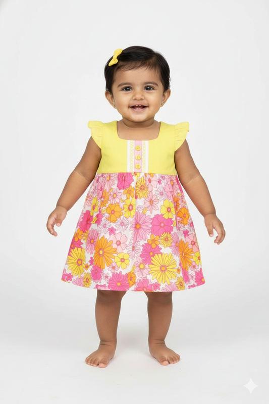 Fyst Single Jercy Floral Print Summer Frock for Girls - Yellow & Pink - Fyst Fashion