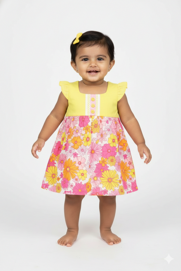 Fyst Single Jercy Floral Print Summer Frock for Girls - Yellow & Pink