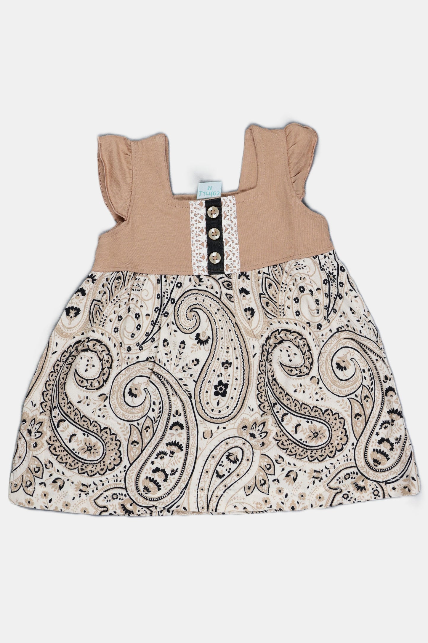 Fyst baby girl dress featuring a Tan flutter-sleeve knit top with button details and a multi-color checkered skirt with sun, shell, and floral prints.