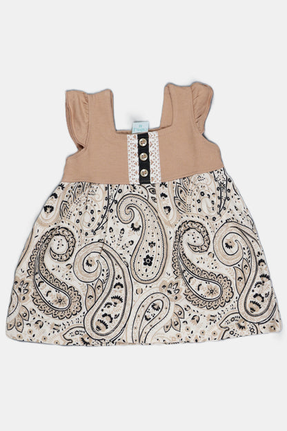 Fyst baby girl dress featuring a Tan flutter-sleeve knit top with button details and a multi-color checkered skirt with sun, shell, and floral prints.