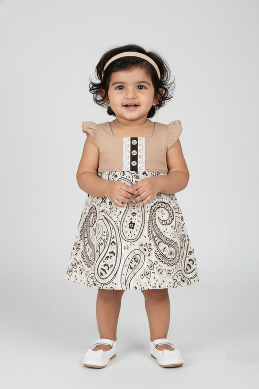 Fyst Single Jercy Paisley Print Ruffle Frock for Girls - Tan & Black - Fyst Fashion