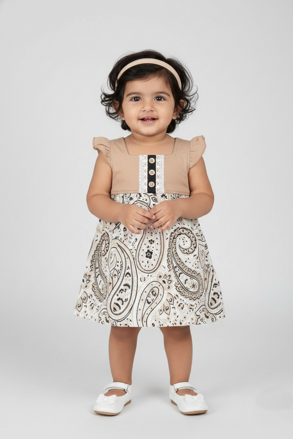 Fyst Single Jercy Paisley Print Ruffle Frock for Girls - Tan & Black
