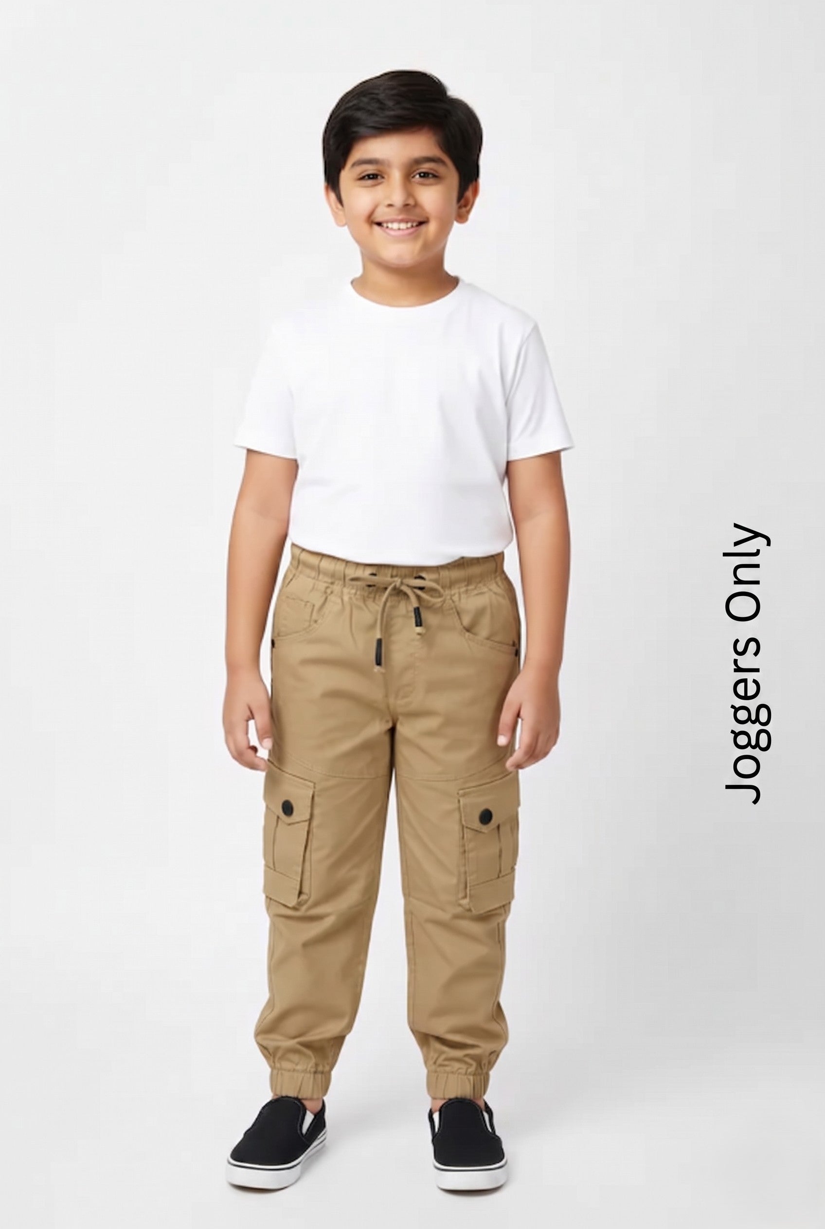 Child wearing beige jogger pants and a white t-shirt on a white background with 'Joggers Only' text.