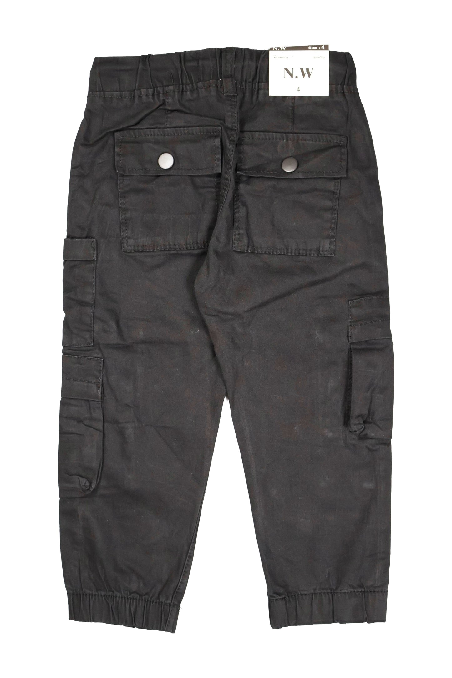 Black cargo pants with multiple pockets on a white background