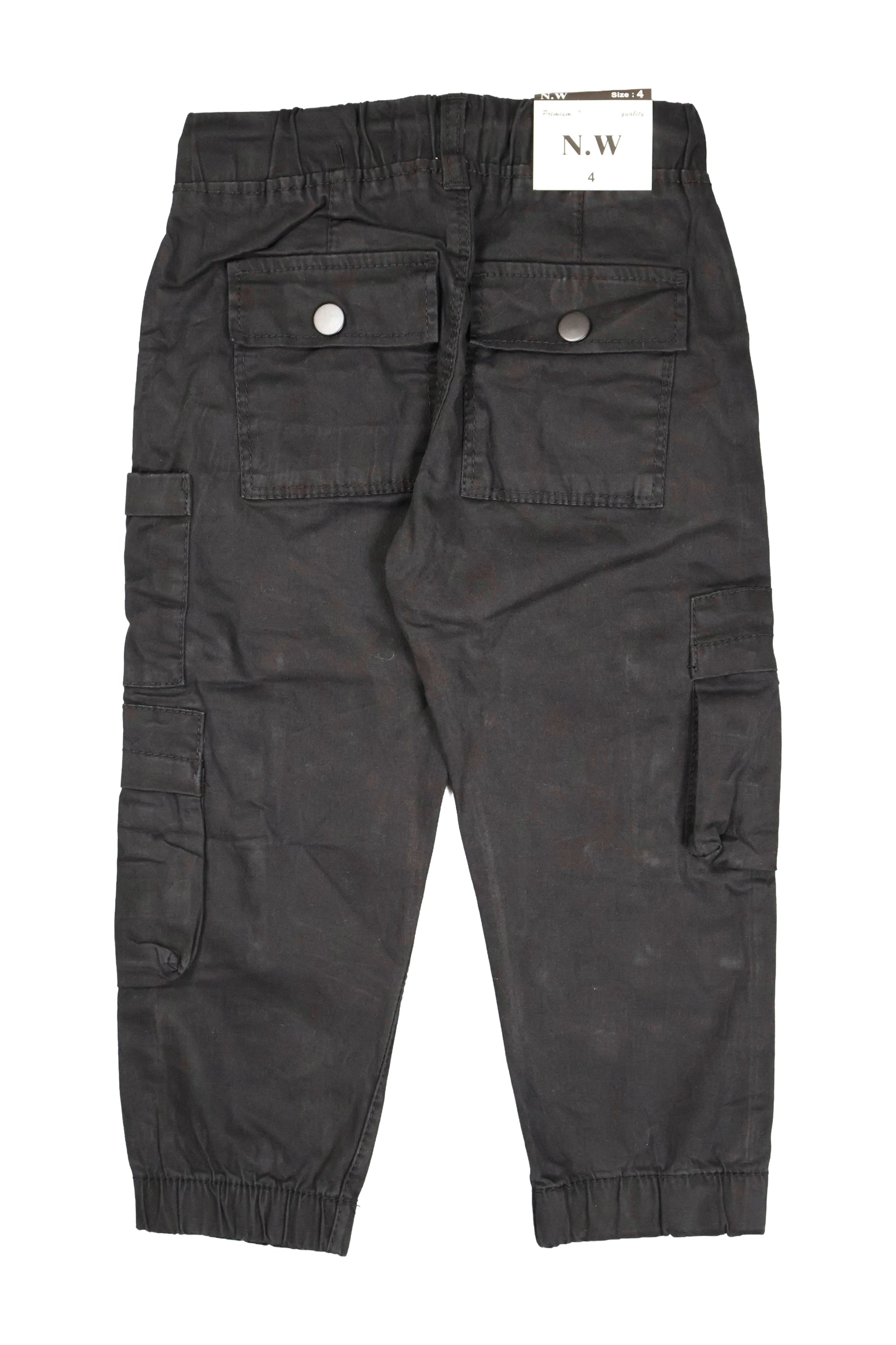 Black cargo pants with multiple pockets on a white background