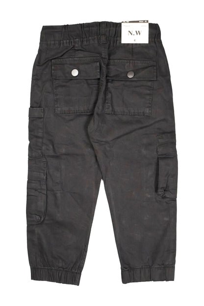 Black cargo pants with multiple pockets on a white background