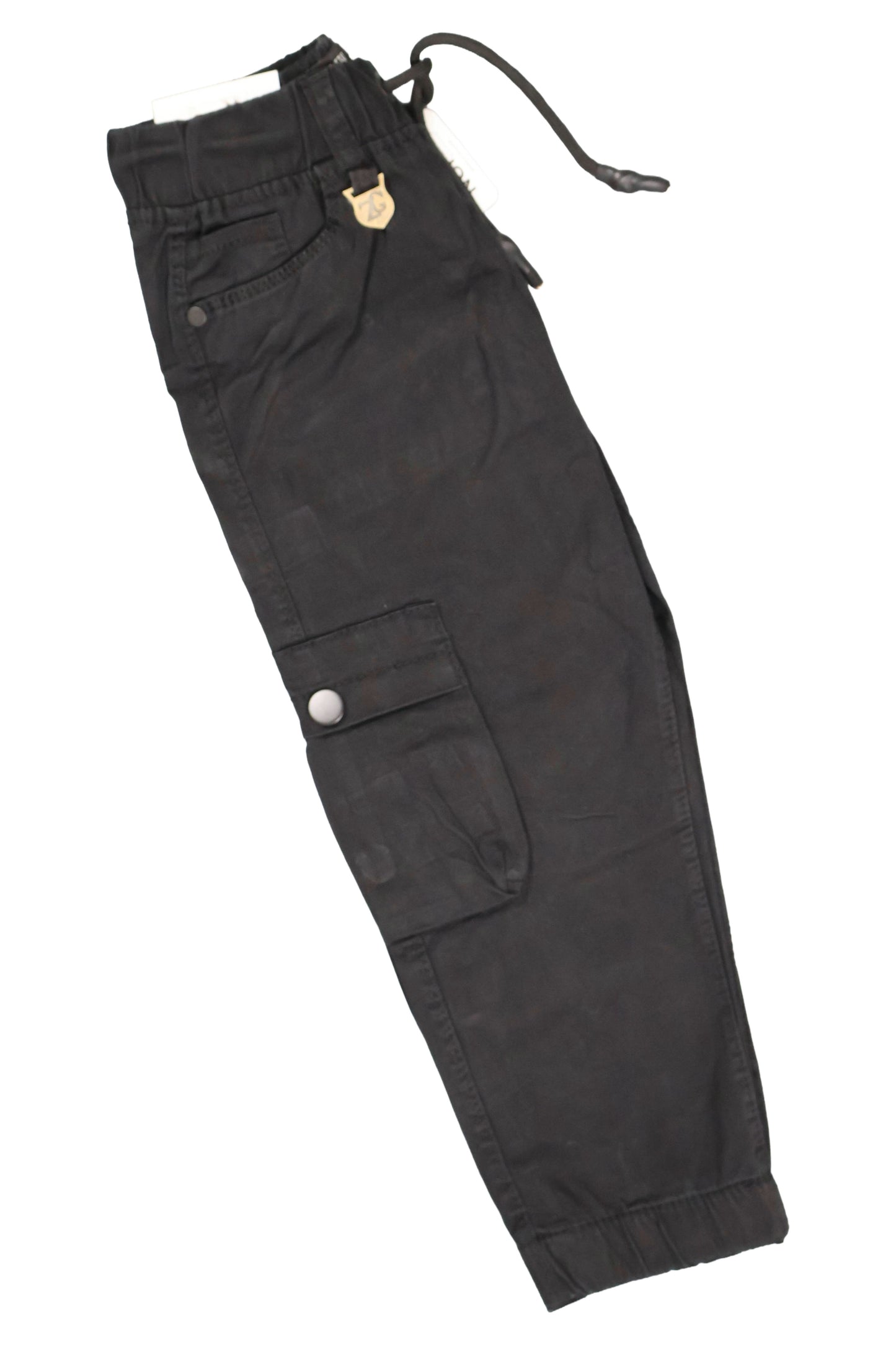Black cargo pants with a drawstring on a white background