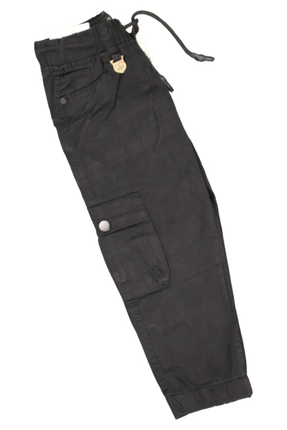 Black cargo pants with a drawstring on a white background