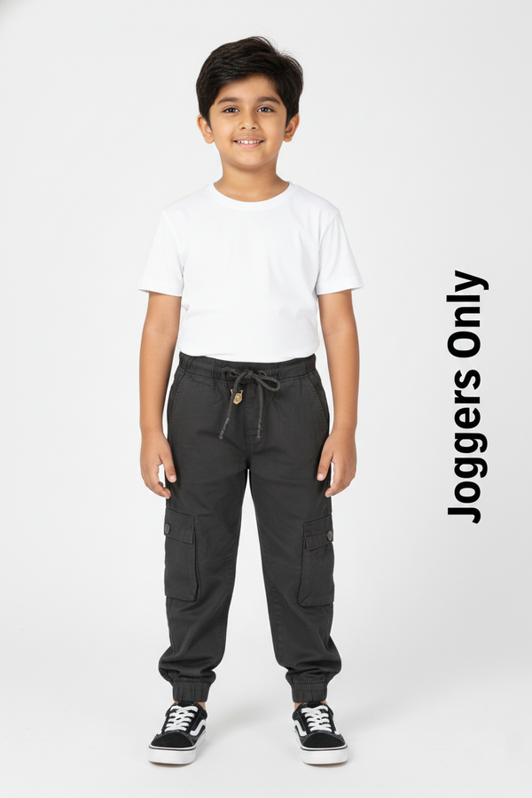 Fyst Soft Cotton Casual Wear Elastic Waist Multi-Pocket Joggers for Boys - Black