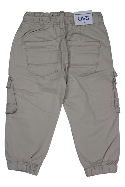 Beige cargo pants with a visible brand label on a white background