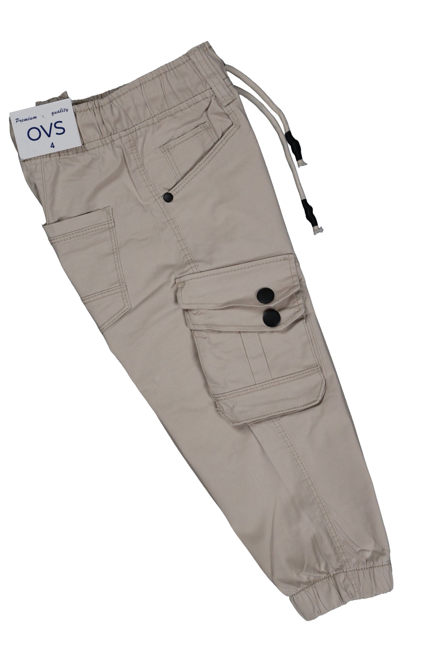 Beige cargo pants with drawstring on a white background, featuring OVS branding.
