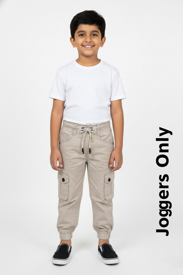 Fyst Soft Cotton Casual Wear Elastic Waist Multi-Pocket Joggers for Boys - Cream