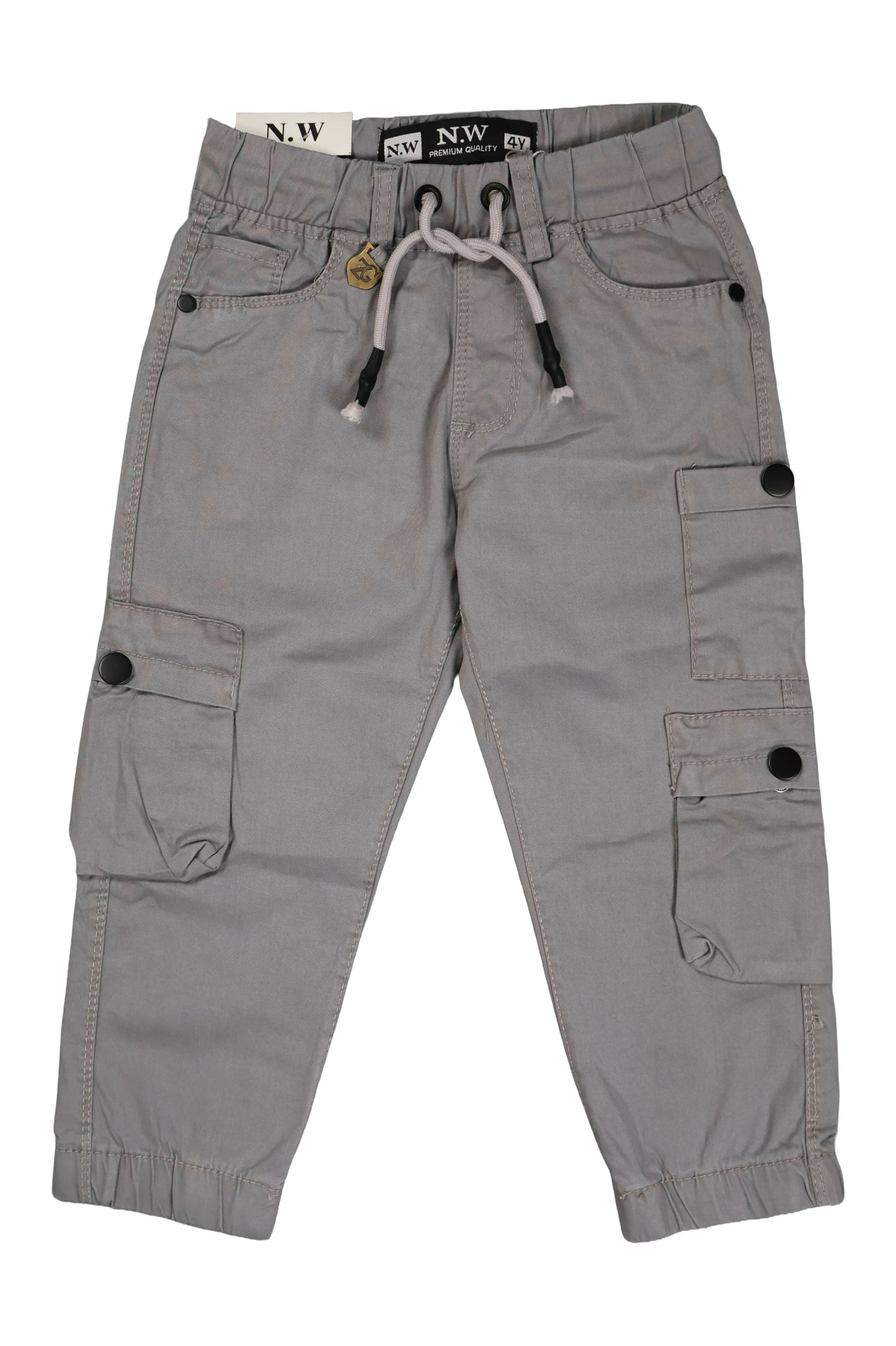 A pair of children's utility cargo pants in a light grey color. The pants feature a comfortable elastic waistband with a matching light grey drawstring, standard side pockets, and several cargo pockets on the legs with secure black button closures. They are shown as a flat lay against a neutral background.