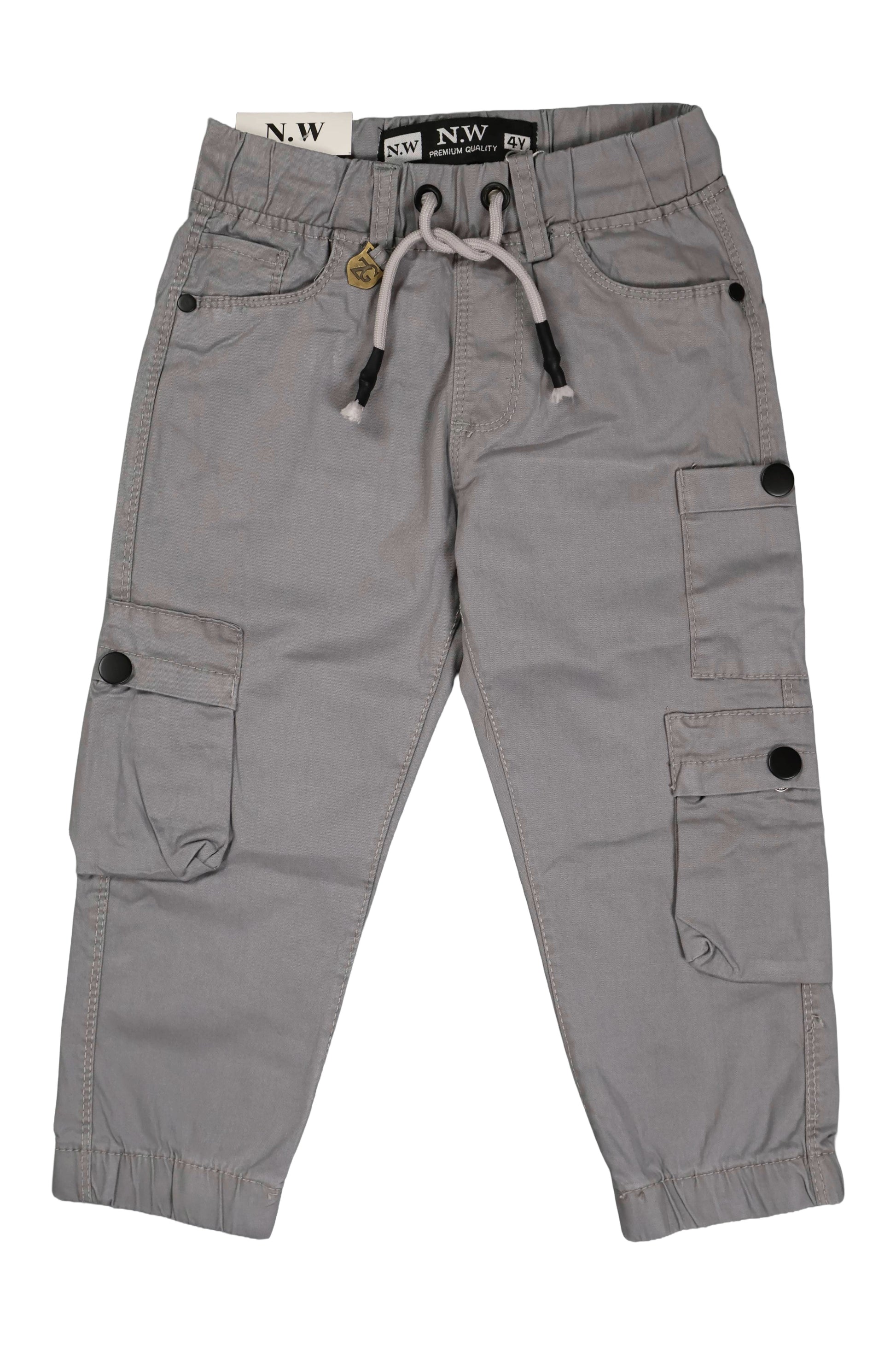 A pair of children's utility cargo pants in a light grey color. The pants feature a comfortable elastic waistband with a matching light grey drawstring, standard side pockets, and several cargo pockets on the legs with secure black button closures. They are shown as a flat lay against a neutral background.