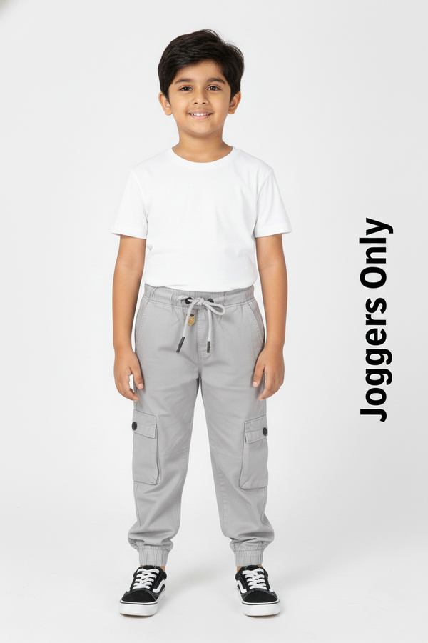 Fyst Soft Cotton Casual Wear Elastic Waist Multi-Pocket Joggers for Boys - Grey