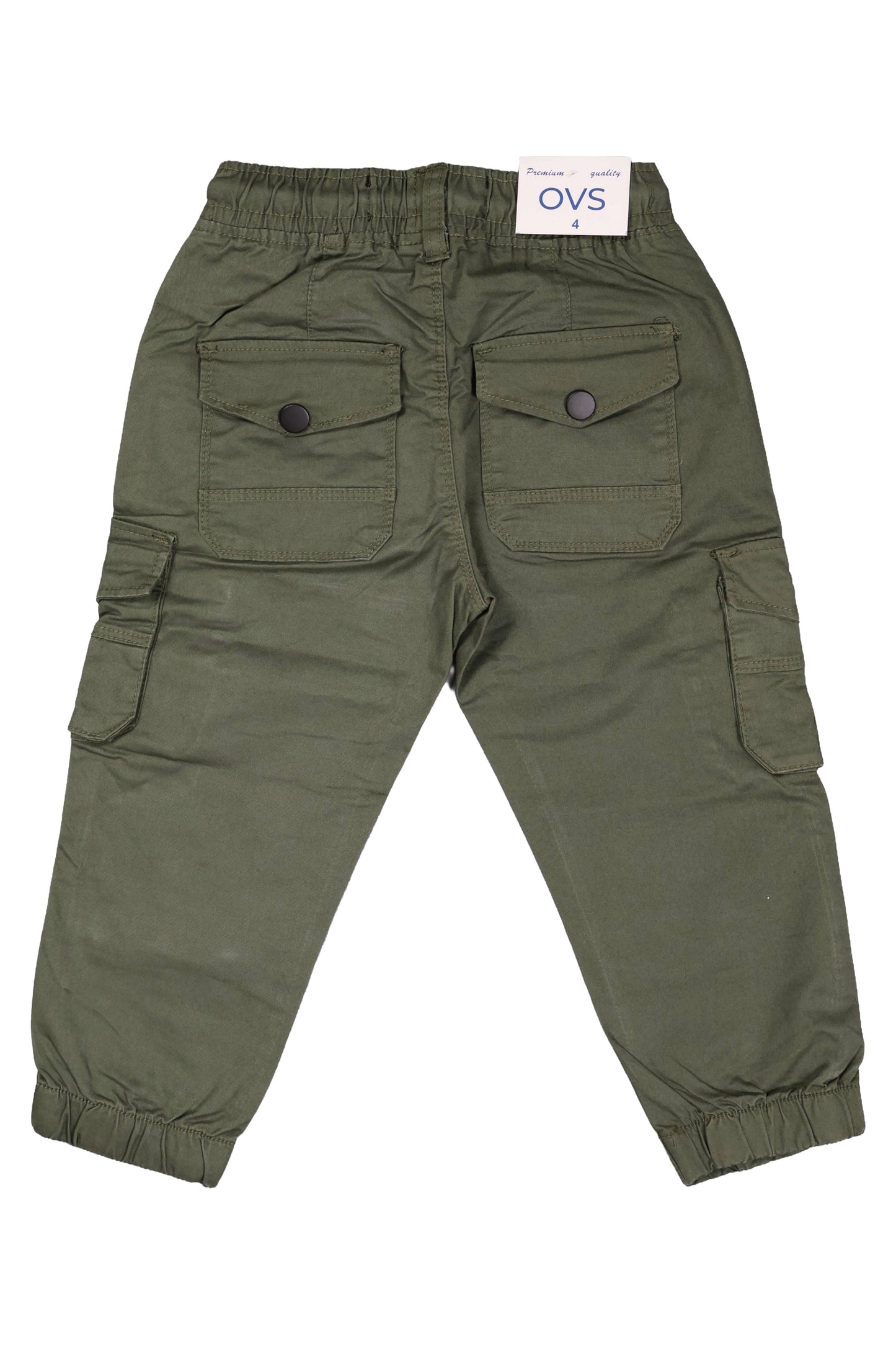 Green cargo pants with multiple pockets on a white background