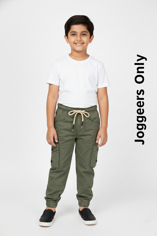 Fyst Soft Cotton Casual Wear Elastic Waist Multi-Pocket Joggers for Boys - Light Green