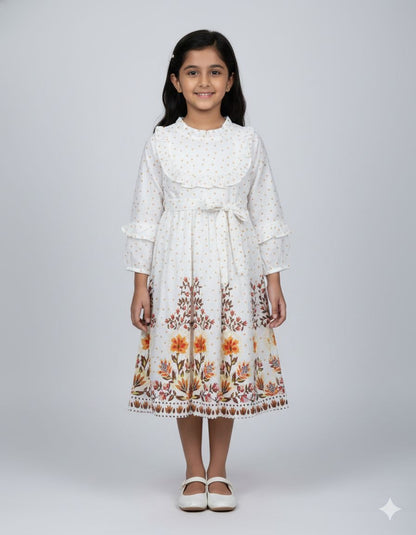Girl wearing white cotton frock with yellow floral print and ruffled collar