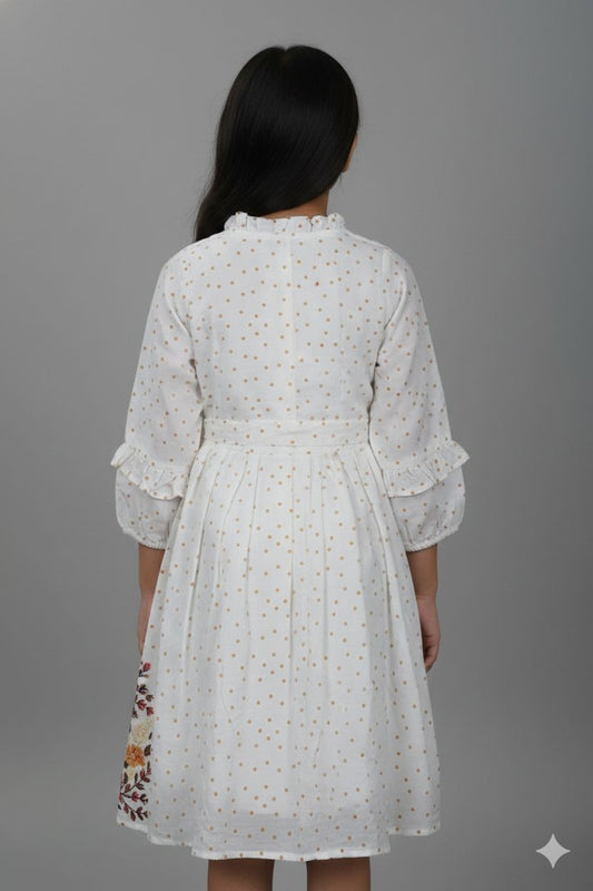 Fyst Premium Polka Dot Cotton Frock with Floral Border for Girls – White
